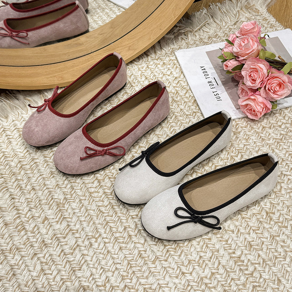 Femmes Français Suede Bow Soft Sole Ballet Flats Fairy Style Slip sur Mary Jane Pompes