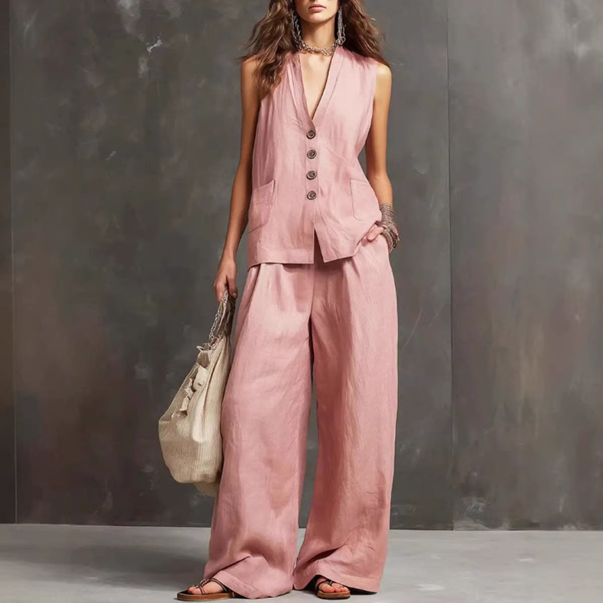 Arrivée Women S Set Veste sans manches et pantalons à jambes larges Ensemble de deux pièces en coton