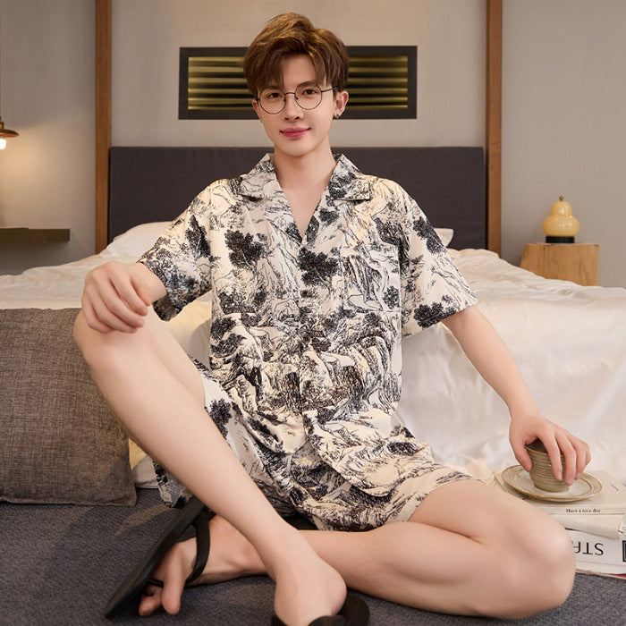 Hommes Summer Cardigan Ice-silk Manches courtes Top et shorts