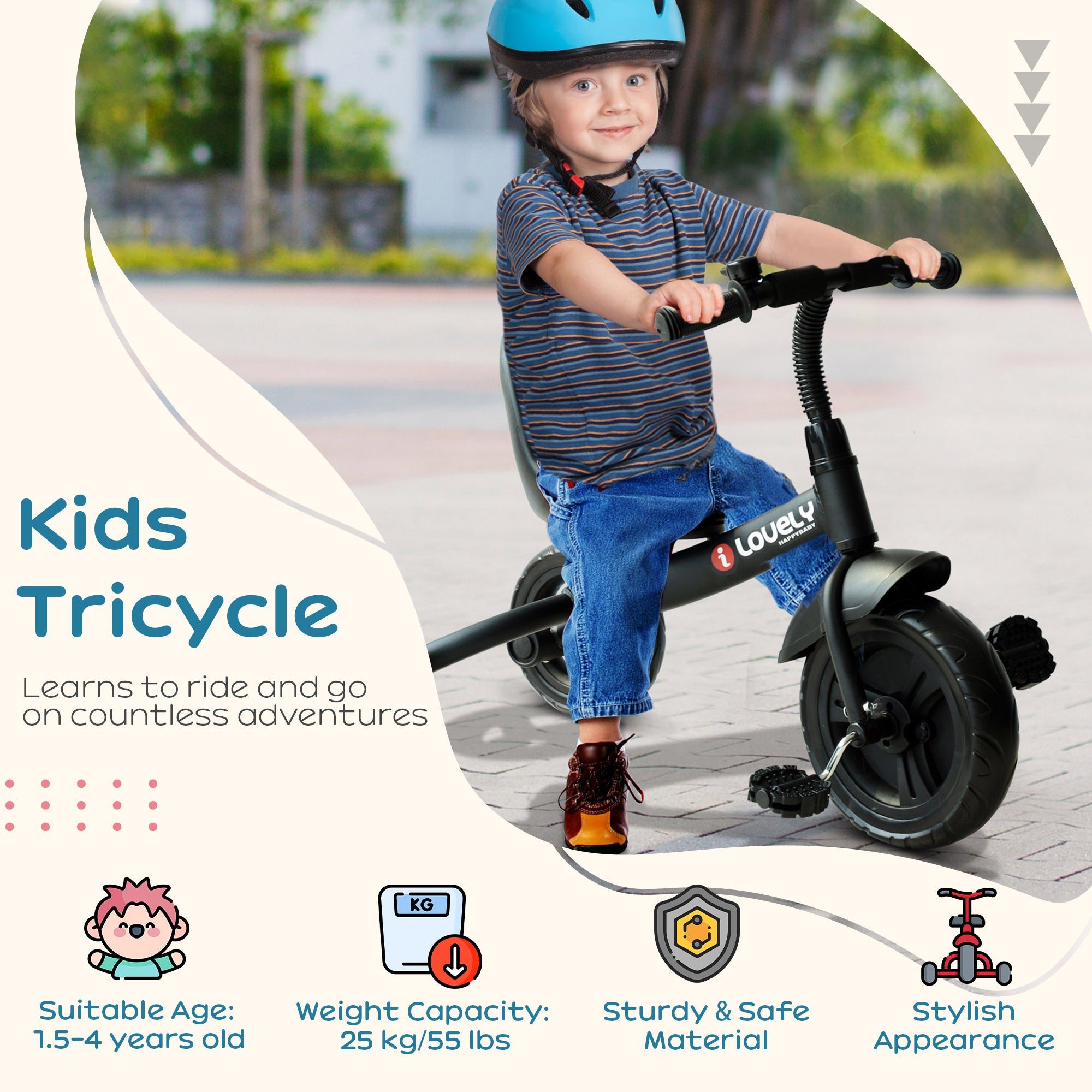 Tricycle 3 roues en plein air pour tout-petit avec Bell pour les loisirs Ride-On Black Com
