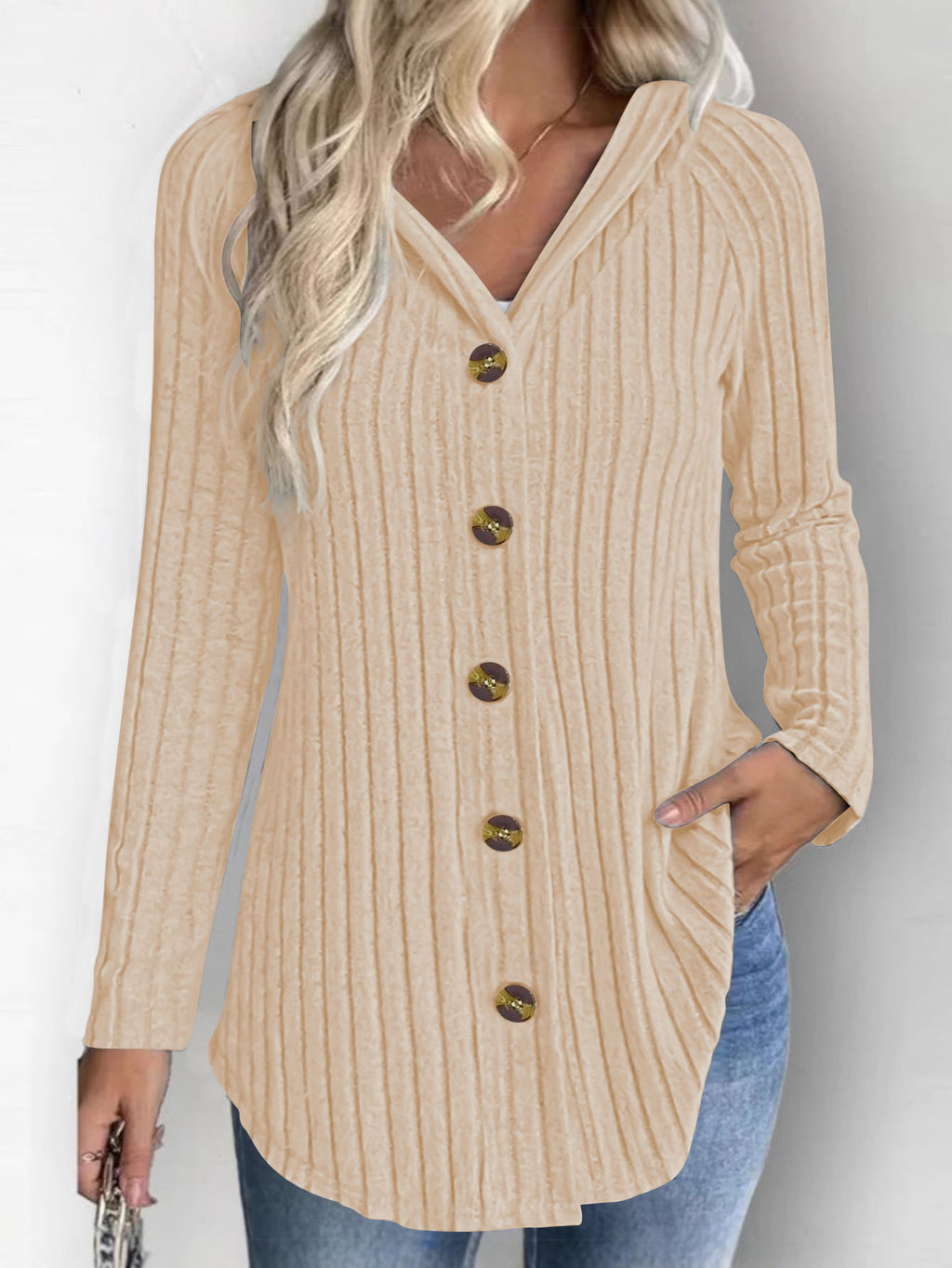 Femmes en tricot côtelé haut à capuche manches longues bouton vers le bas casual chemise Curved Hem Blouse avec S