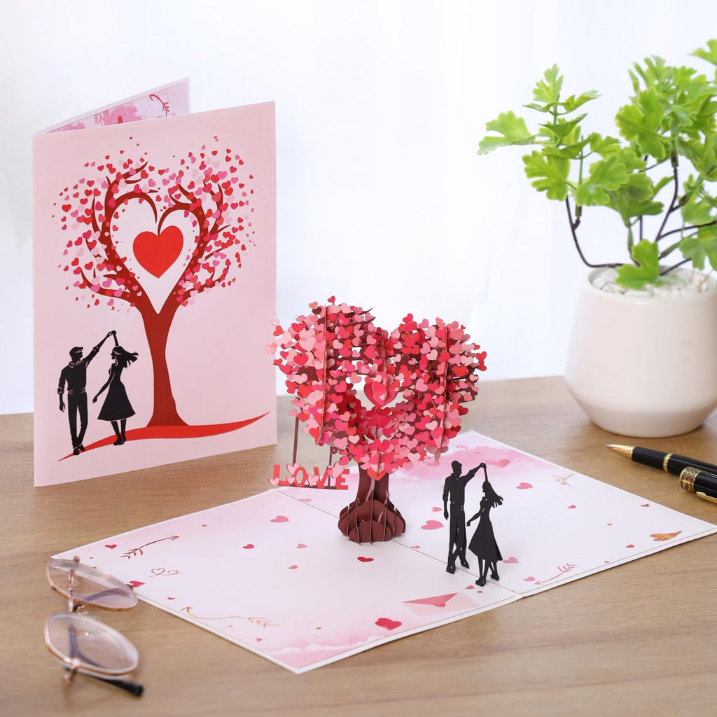 Carte d'invitation de l'arbre en forme de coeur 3D de Saint Valentin