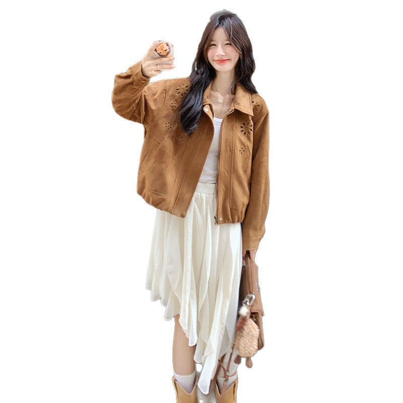 Printemps et automne Crochet Hollow-out Floral veste en cuir-fleece