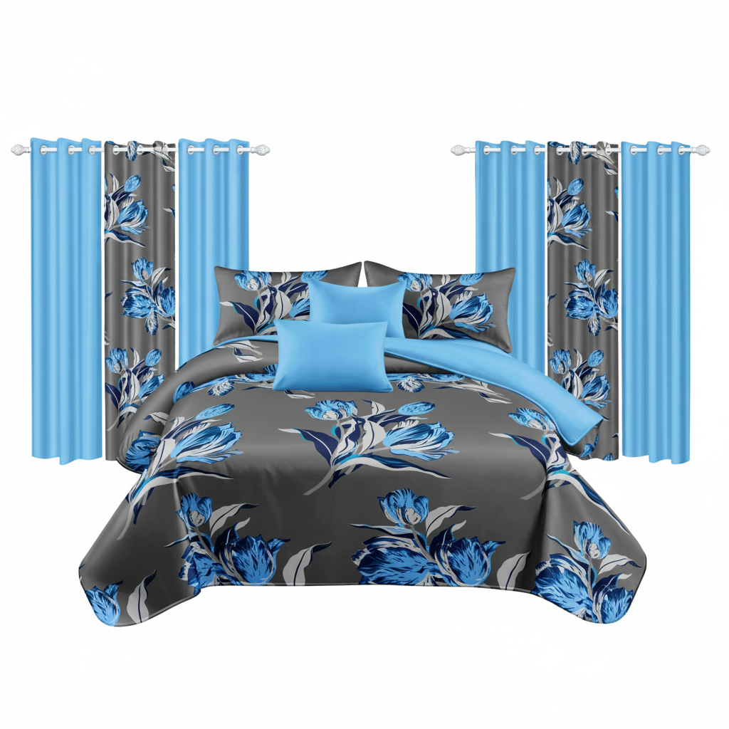 9-Piece Gray et saphir Floral couvre-lit et rideau