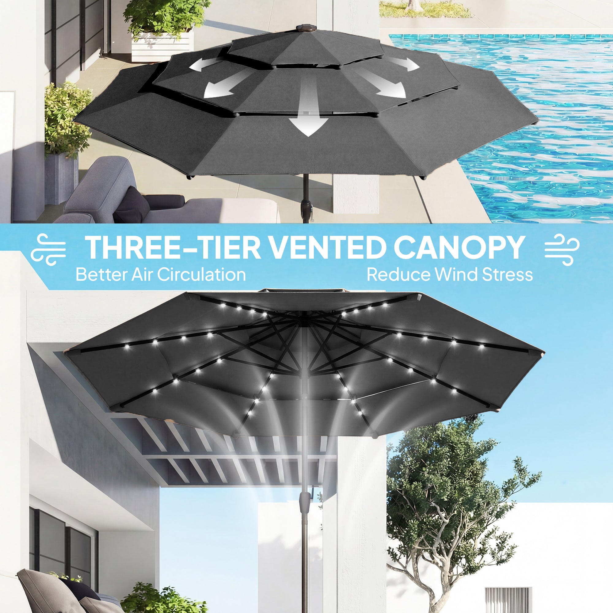 Parapluie extérieur Patio de 9,7 pieds avec lumières solaires LED