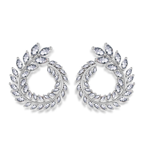 Boucles d'oreilles créoles zircon, motif branche d'olivier argenté