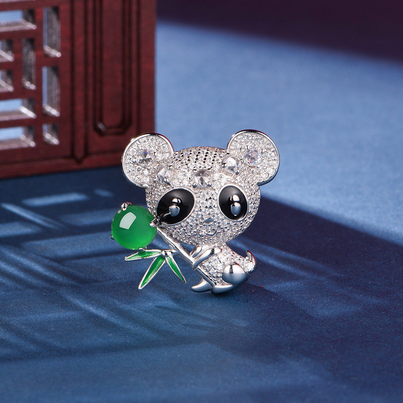 S925 Argent Sterling Panda Brooch 5g 8x6mm Vert ovale Chalcédoine Pave Strass Platinum