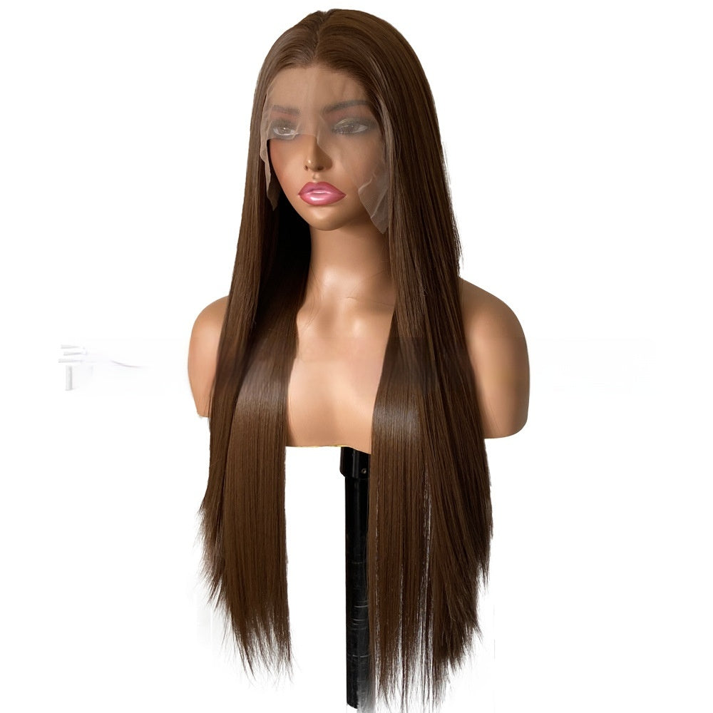 Perruque femelle brune longue droite ligne de cheveux artificielle tête de dentelle