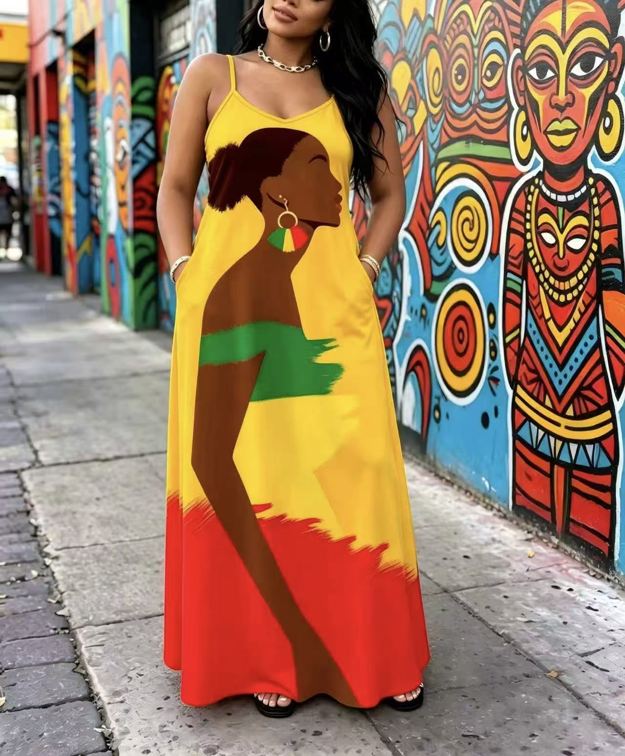 European and American Style Plus-Size Imprimé Robe longue Été Loose Et Confortable V-Ne