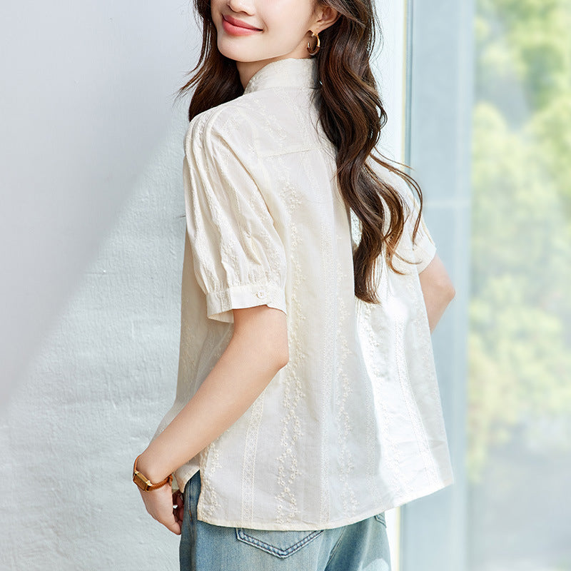 Embroidered Apricot Short Sleeve Shirt with Knots and Buttons