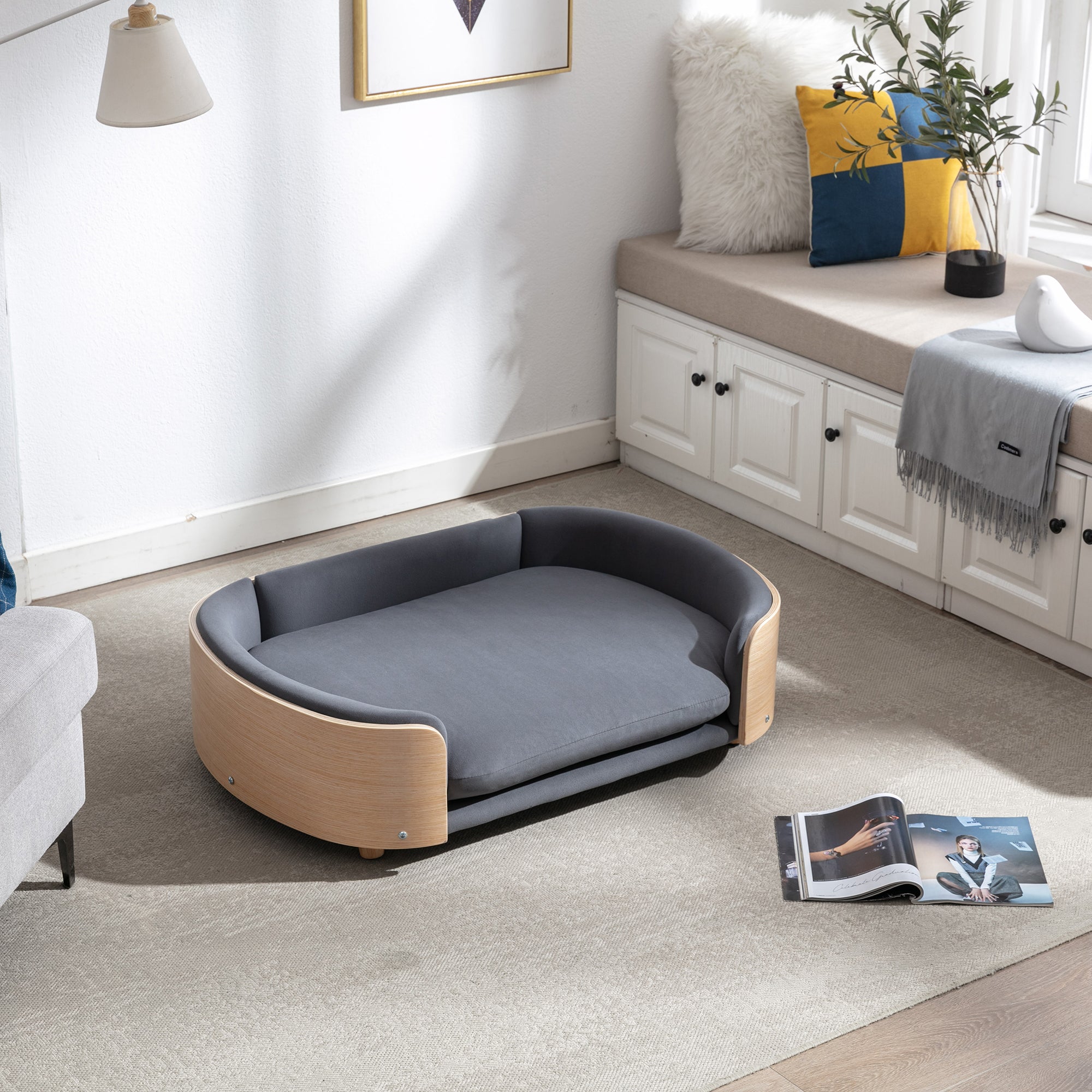 Style scandinave Lit de chien élevé Canapé pour animaux avec pieds en bois massif et dos en bois bent