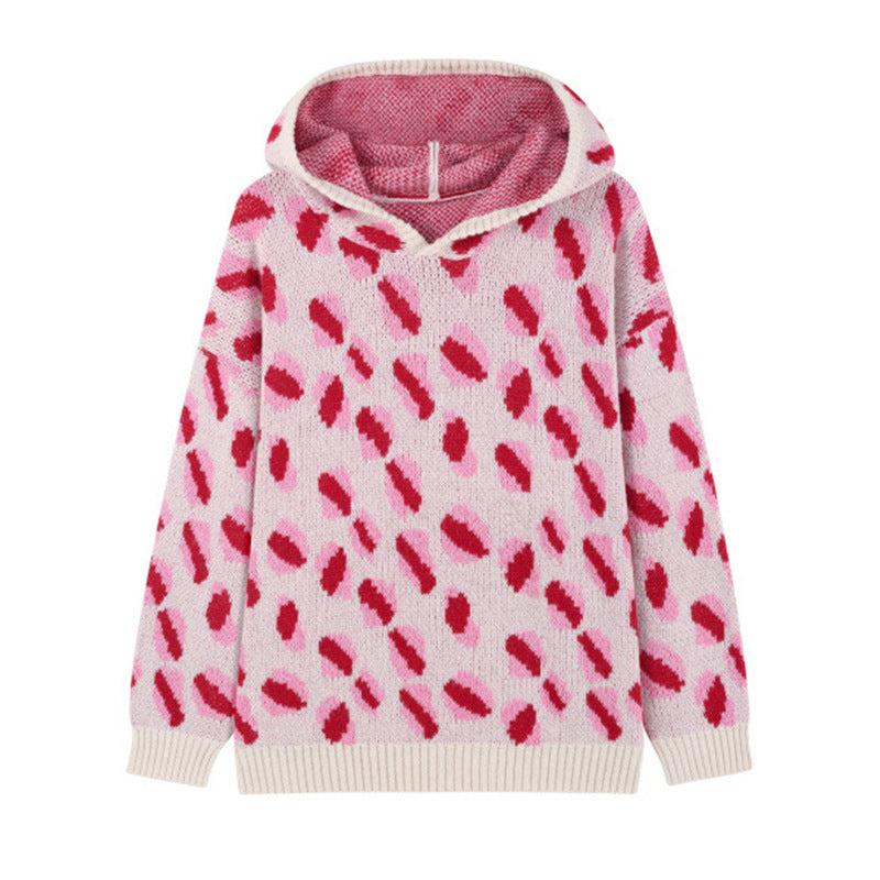 Femmes Casual Drop Épaule à capuchon tricot Top Rose Leopard Motif Laine Blend Chandail
