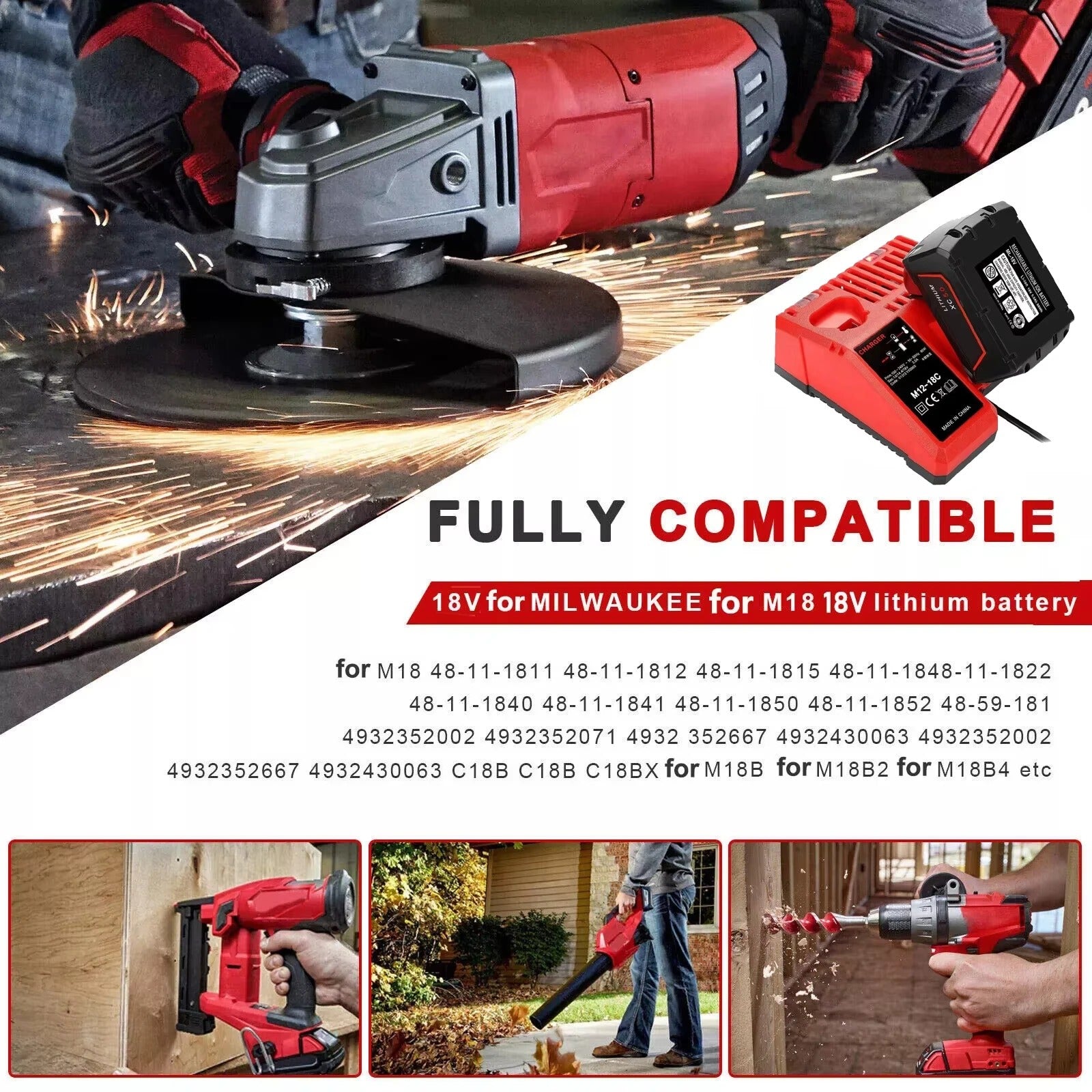 Chargeur de batterie Li-ion de remplacement Chargeur multitension pour Milwaukee M18 14,4V-18V 48-11