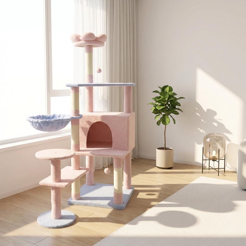 Arbre de chat fleur avec grand condo coussin de fleur amovible et hamac rose