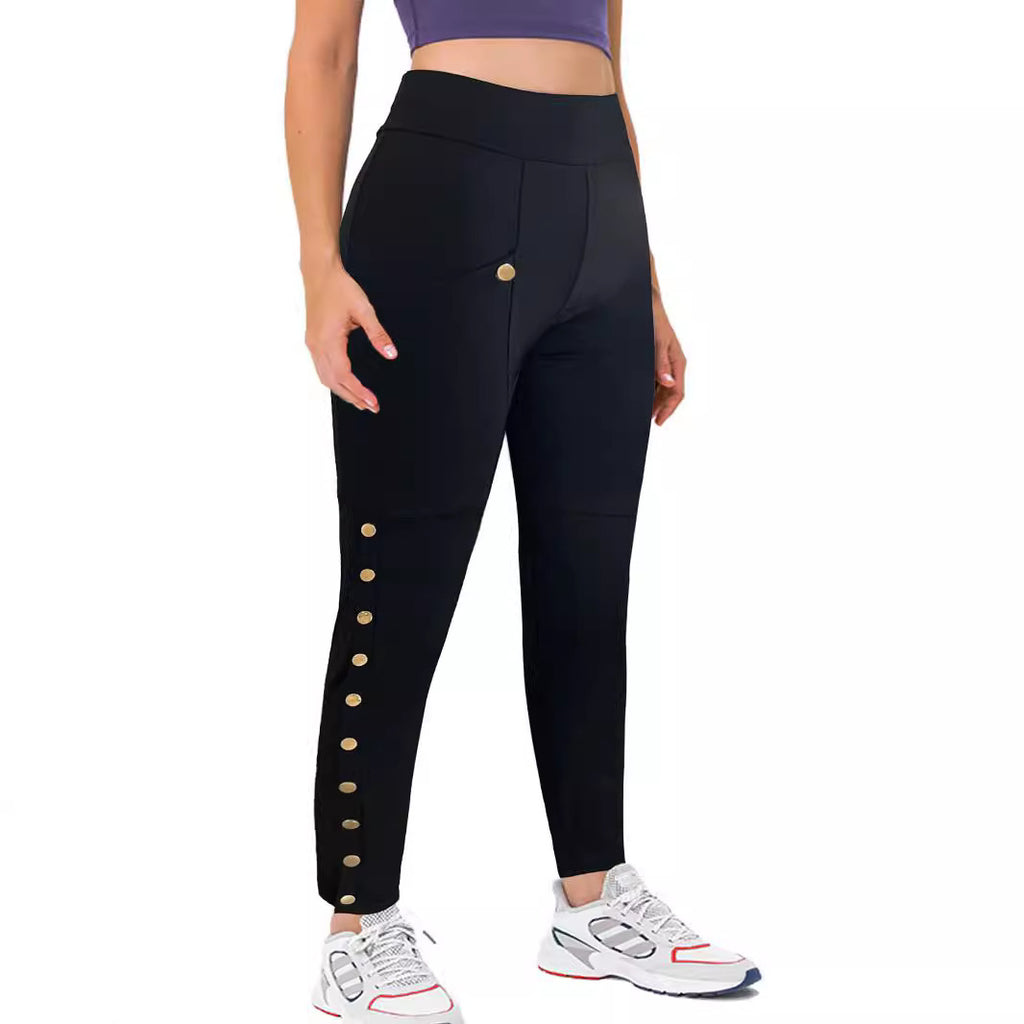 Femmes haute taille pantalons de fret stretch côté bouton Decor Flared Yoga pantalons avec poches Casu