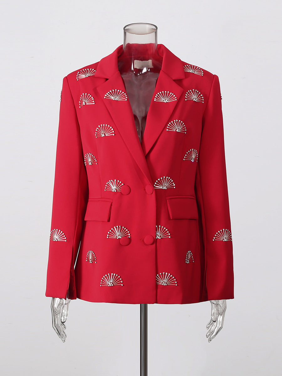 Eventail en Strass Motif Double Breasted Lapel Tailored Blazer Veste