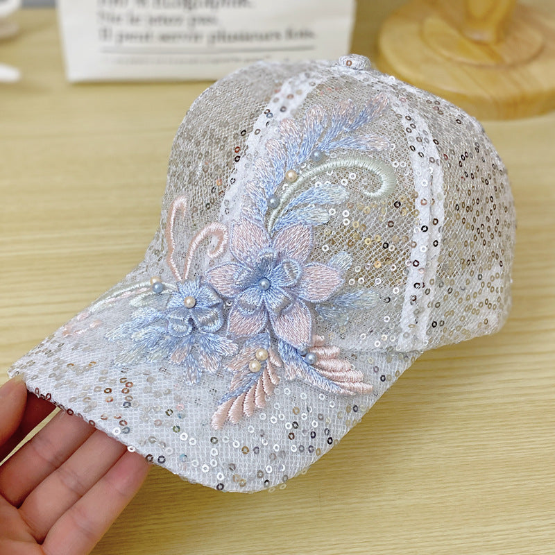 Casquette de baseball pour femmes Mesh Sequin avec décoration florale tridimensionnelle exquise