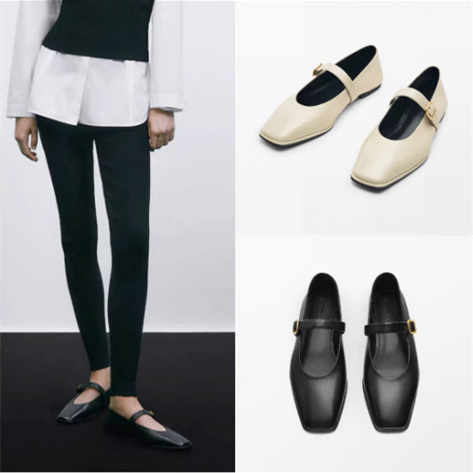 Chaussures en cuir véritable carré-orteil plat pour les femmes avec bouche peu profonde et une seule sangle