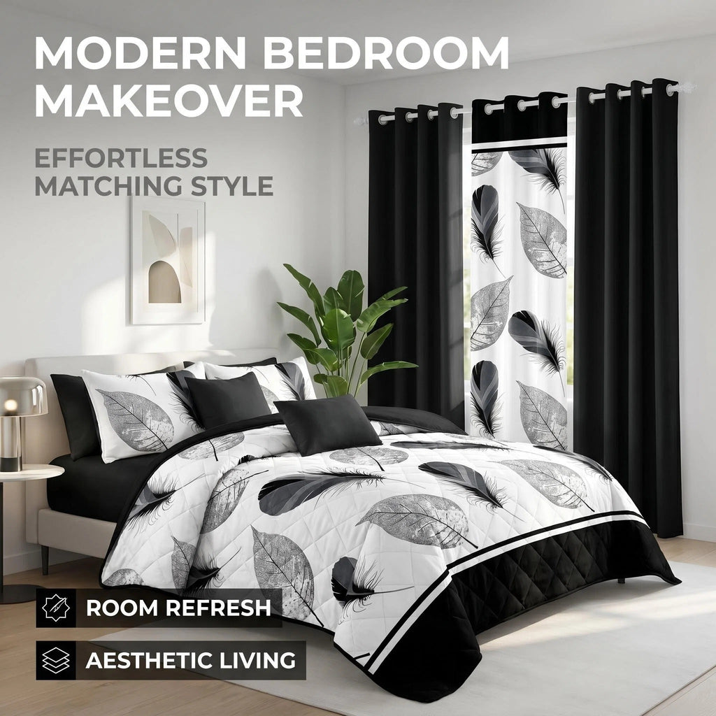 9-Piece noir et plume blanche couvre-lit et jeu de rideau