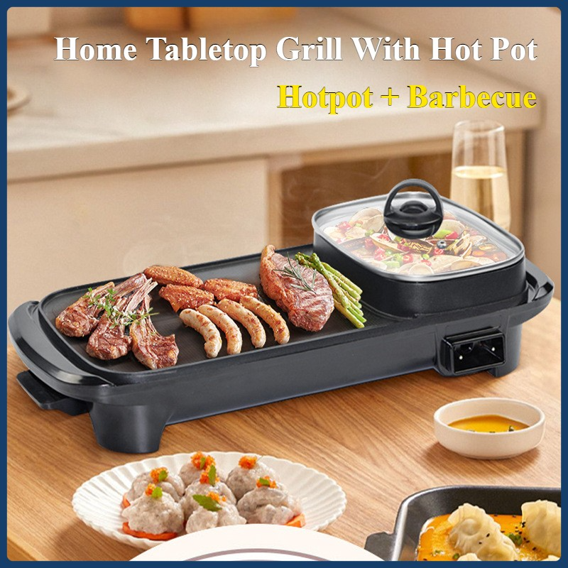 2en1 Pot électrique Barbecue Grill Non-Stick Teppanyaki Pan Cuisinière rectangulaire