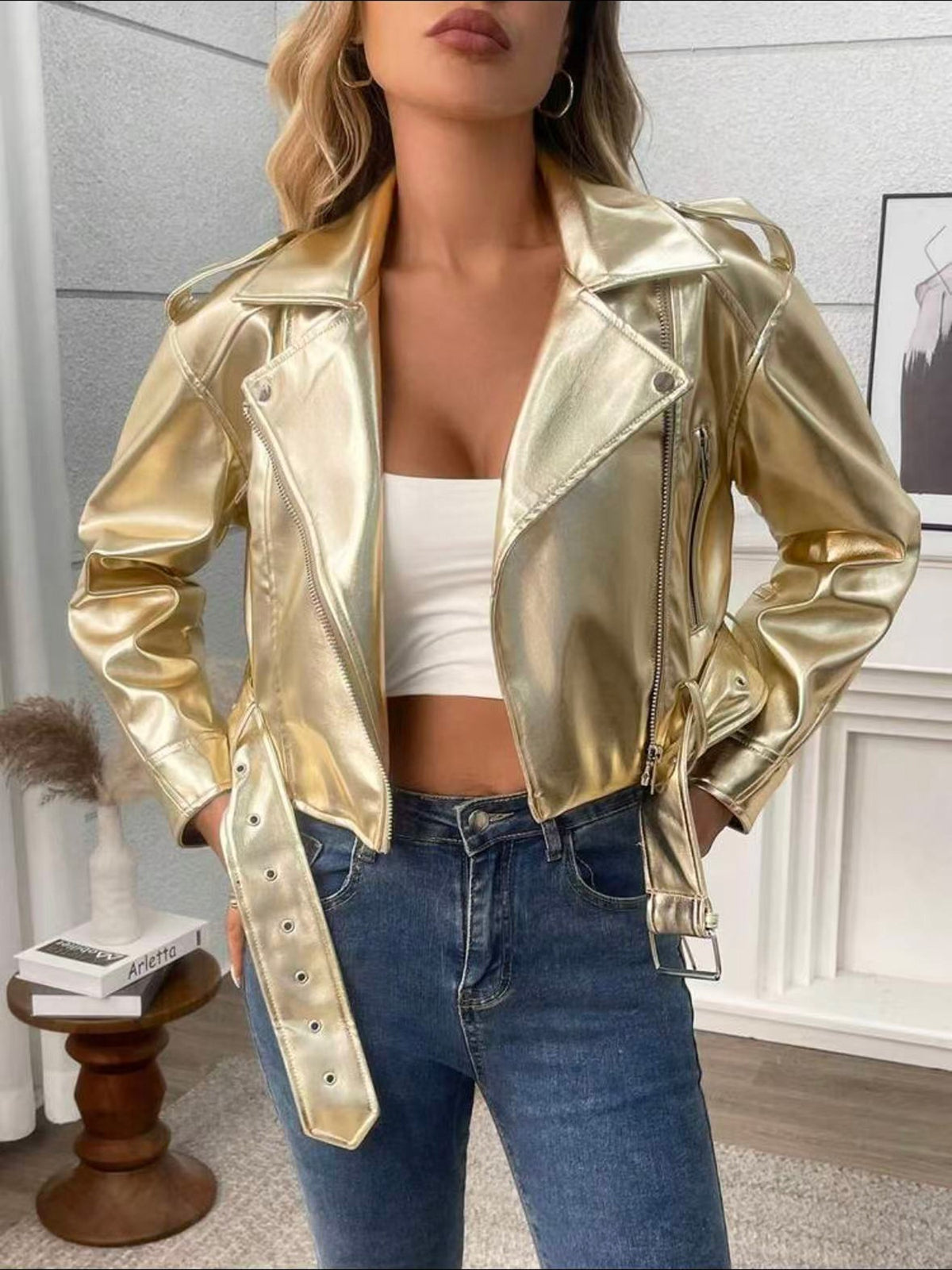 Veste courte en cuir PU Lapel Slim-Fit pour femmes