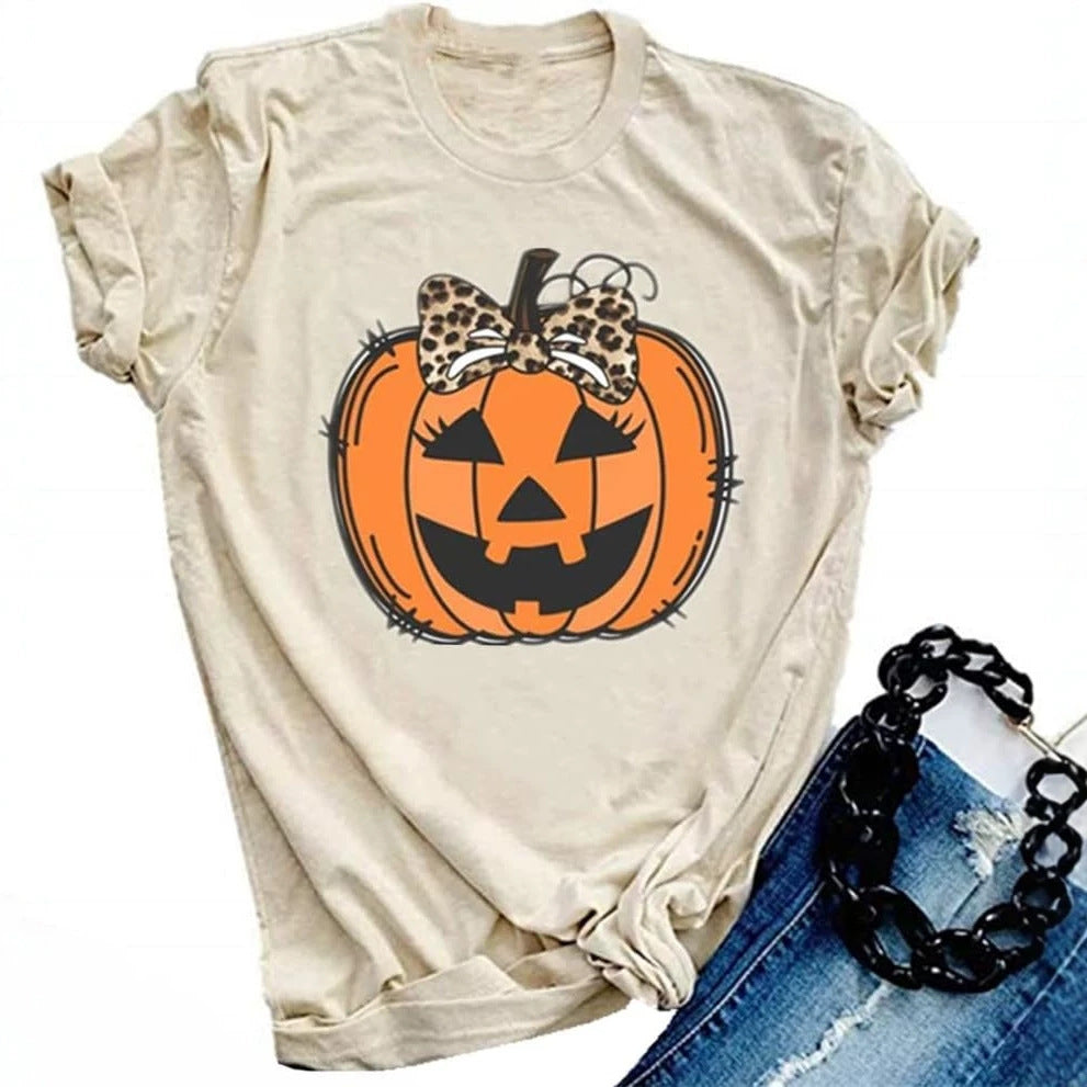 Halloween Pumpkin Impression personnalisée Col rond Manches courtes Top