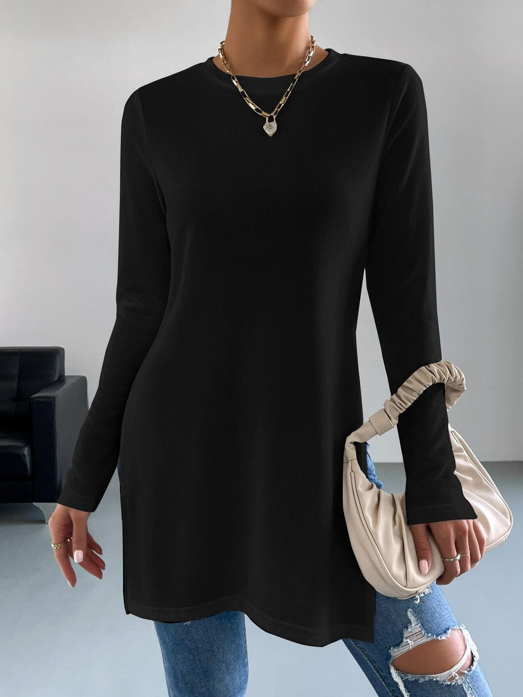 AliExpress Explosions Manches Longues Femme Top TEMU Semelles de couleur solide Split Long T-Shirt Wom