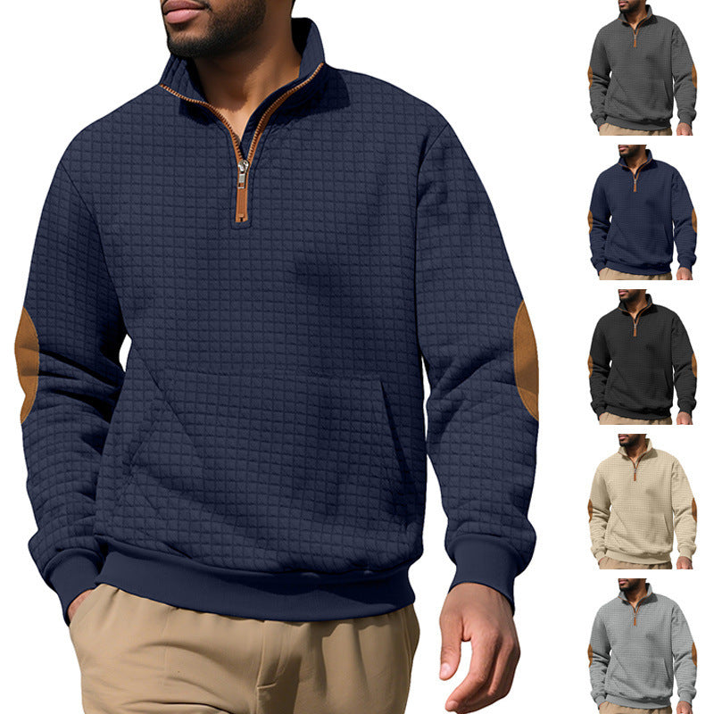 Hoodie casual homme manches longues avec une fermeture éclair et Suede détail