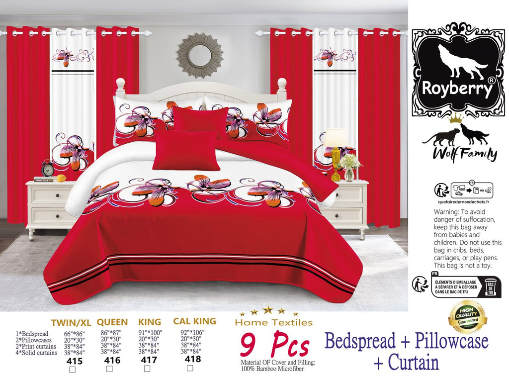 Couche de lit et rideau rouge et blanc 9 pièces pour le roi de Californie