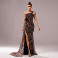 Une épaule Collier Diagonal Leopard Robe de Soirée Paillée