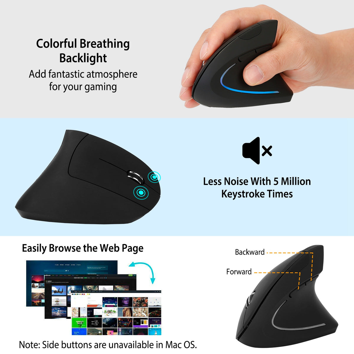 2.4G Souris verticale sans fil ergonomique optique Mice avec 6 boutons 3 DPI réglable 800 12