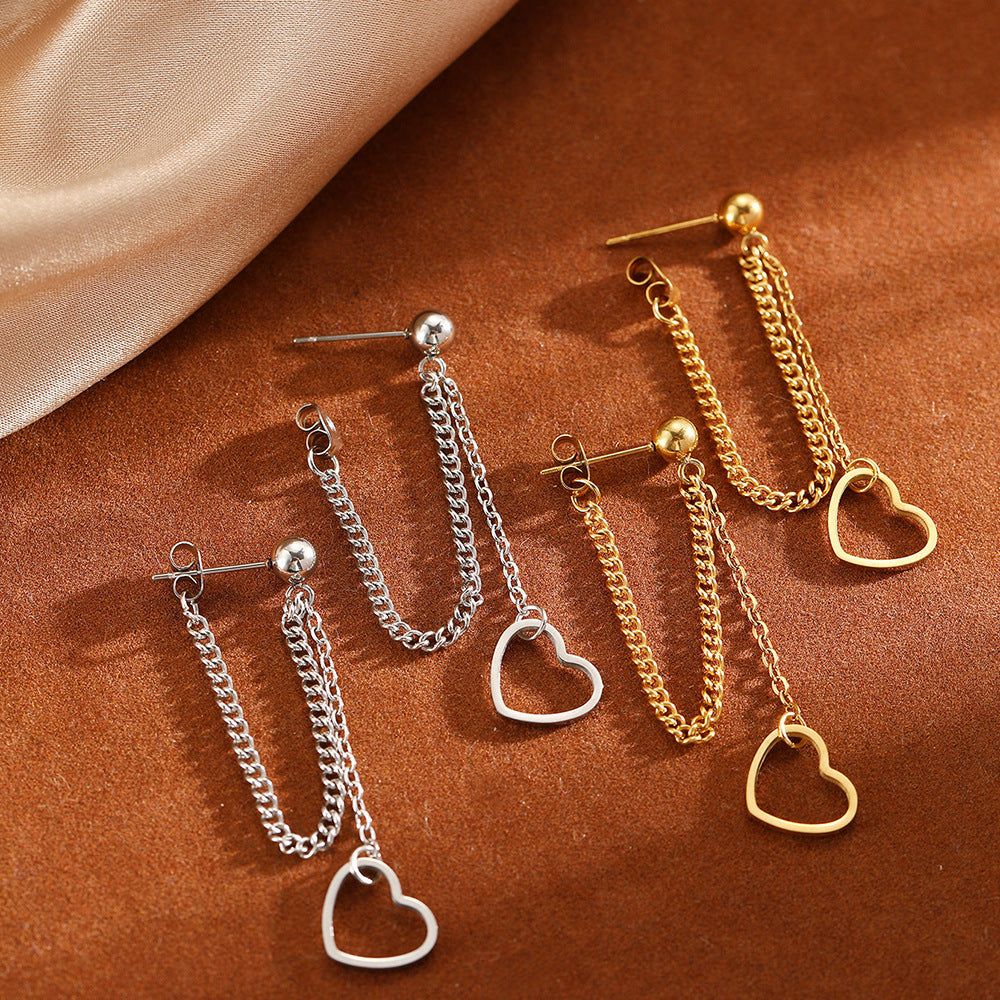 Femmes Boucles d'oreilles en dangle à cœur ouvert à creux Chaîne à double couche Boucles d'oreilles en drop
