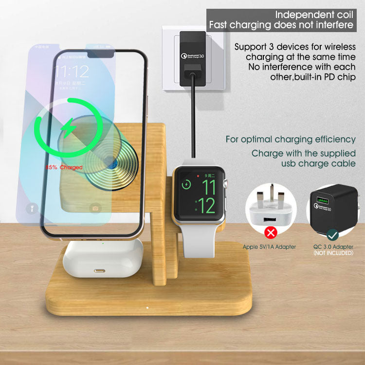 Chargeur sans fil Bamboo Porte-téléphone multifonctionnel trois en un
