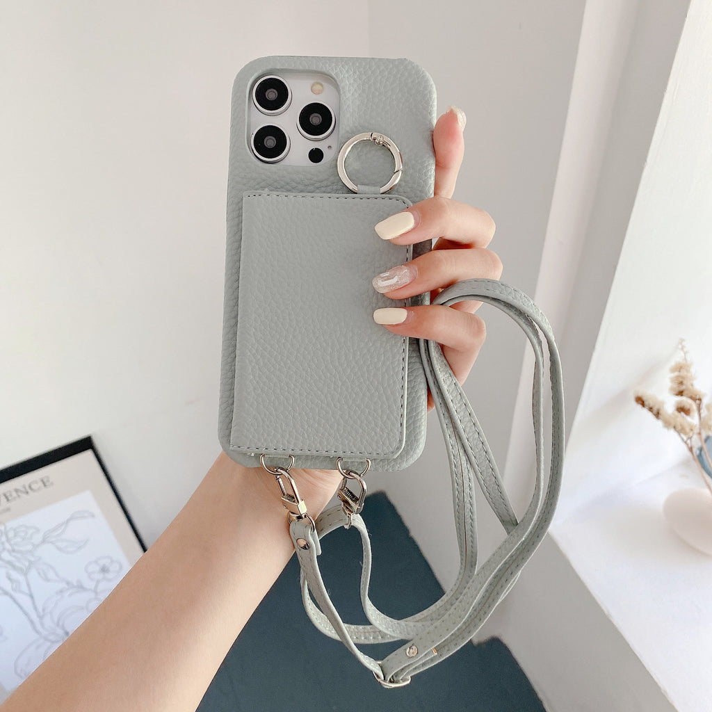 Motif Lychee Gauche et Droite Ouvert Miroir Beauté Étui de téléphone Lanyard