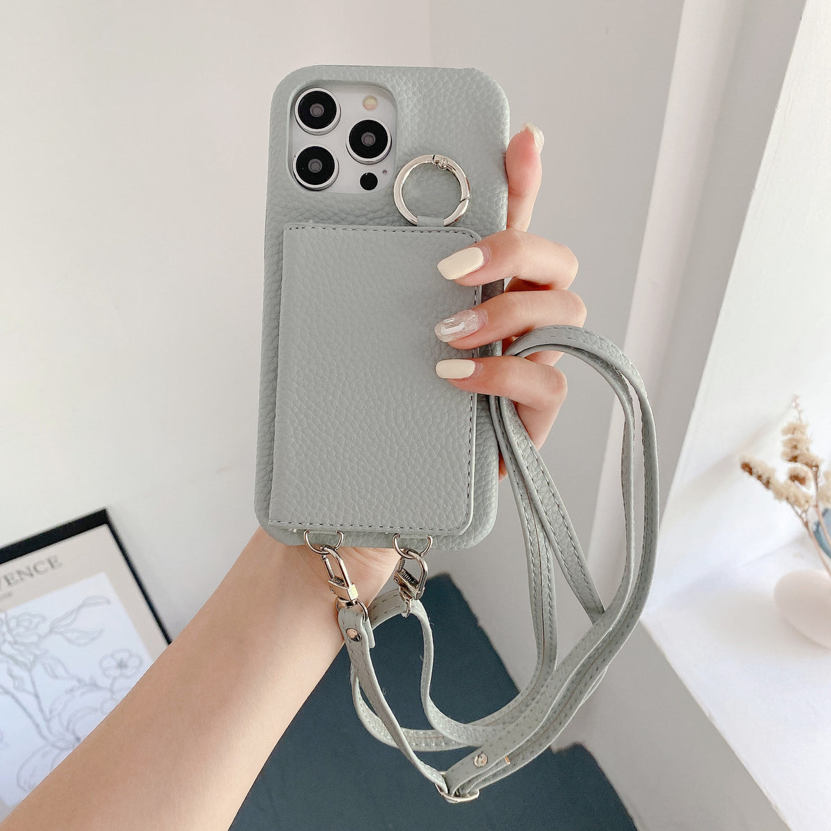 Motif Lychee Gauche et Droite Ouvert Miroir Beauté Étui de téléphone Lanyard