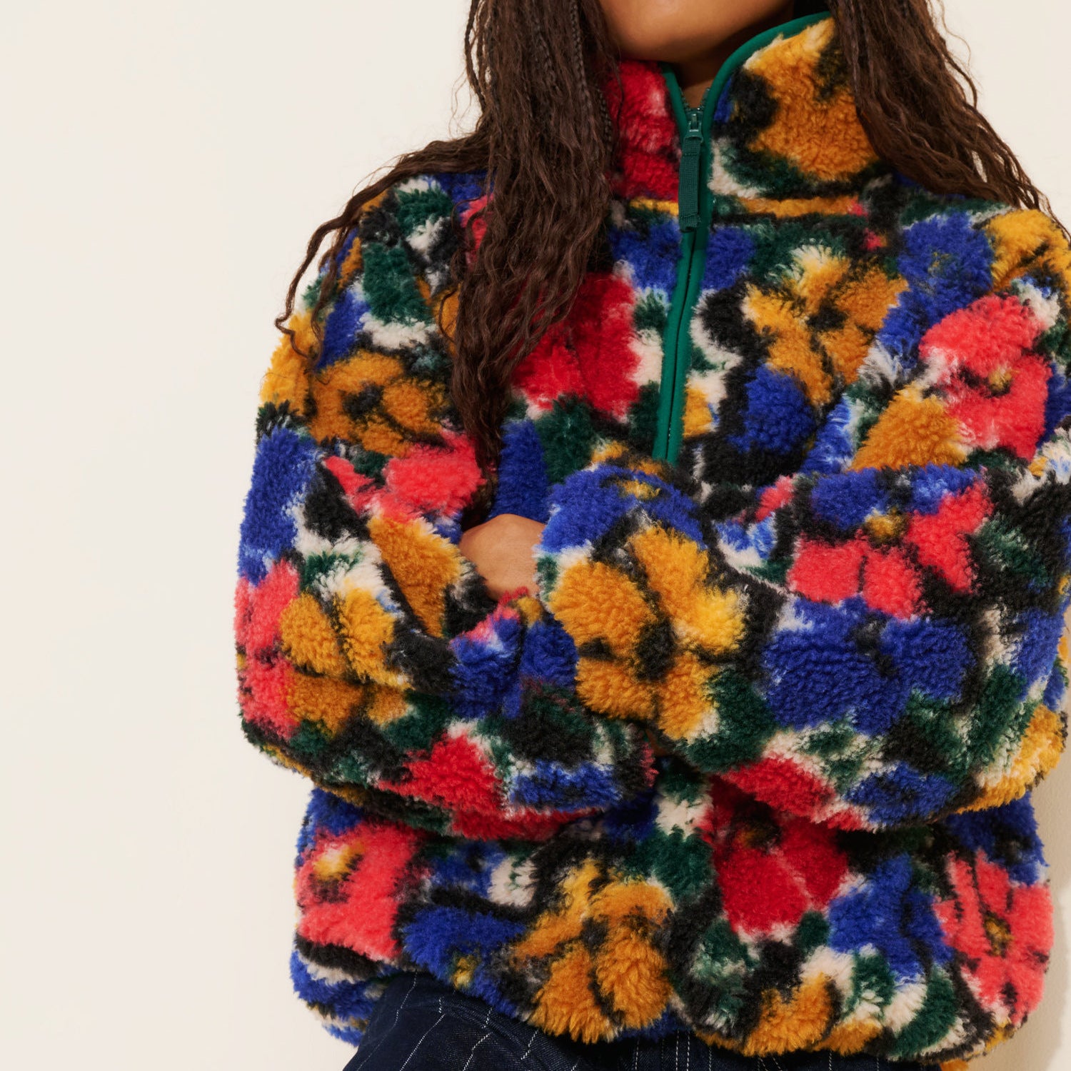 Retro coloré Floral Stand-collar Faux Lambswool Half-zip Jacket