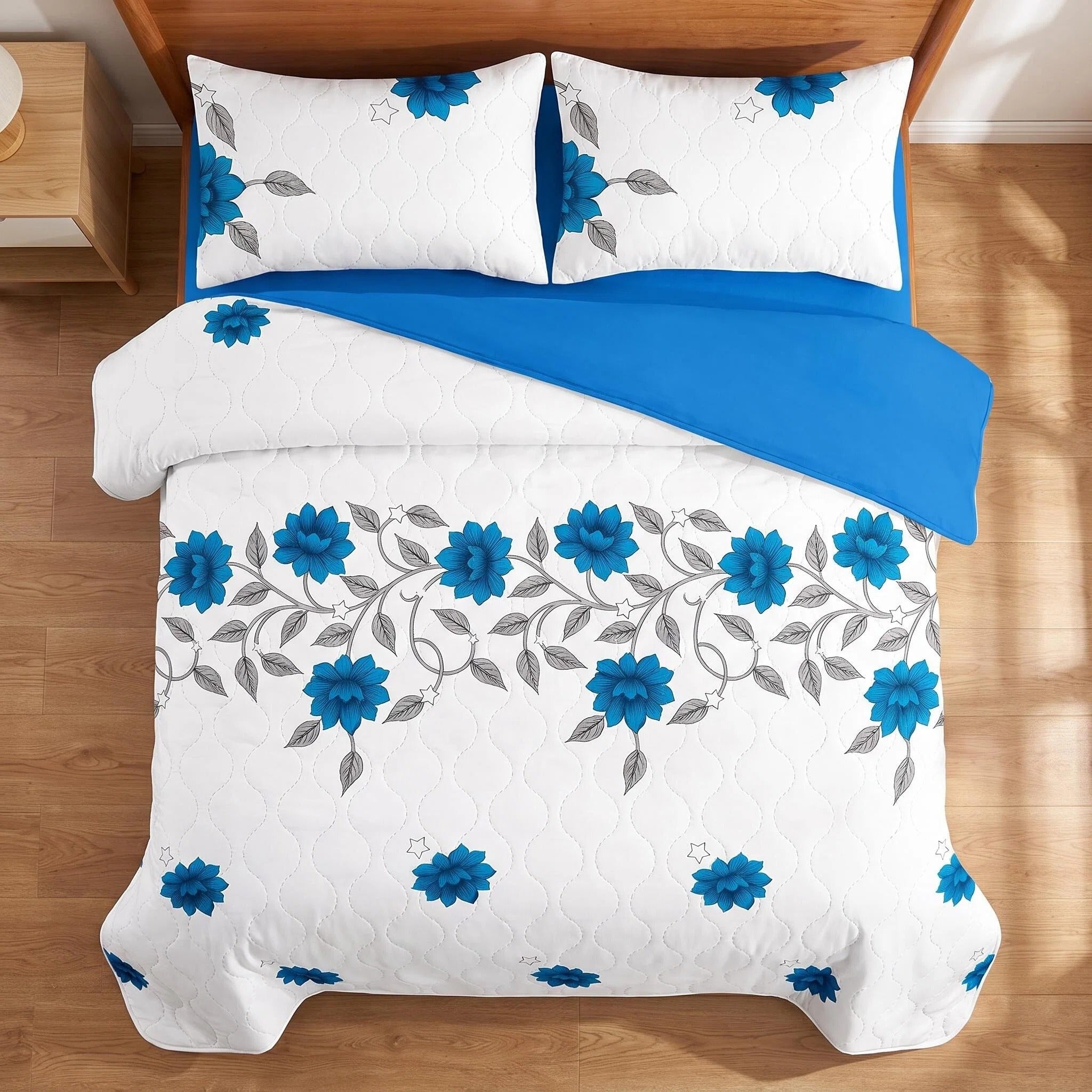 3-Piece Gris Bleu Floral Vine couvre-couche pour roi et roi de Californie