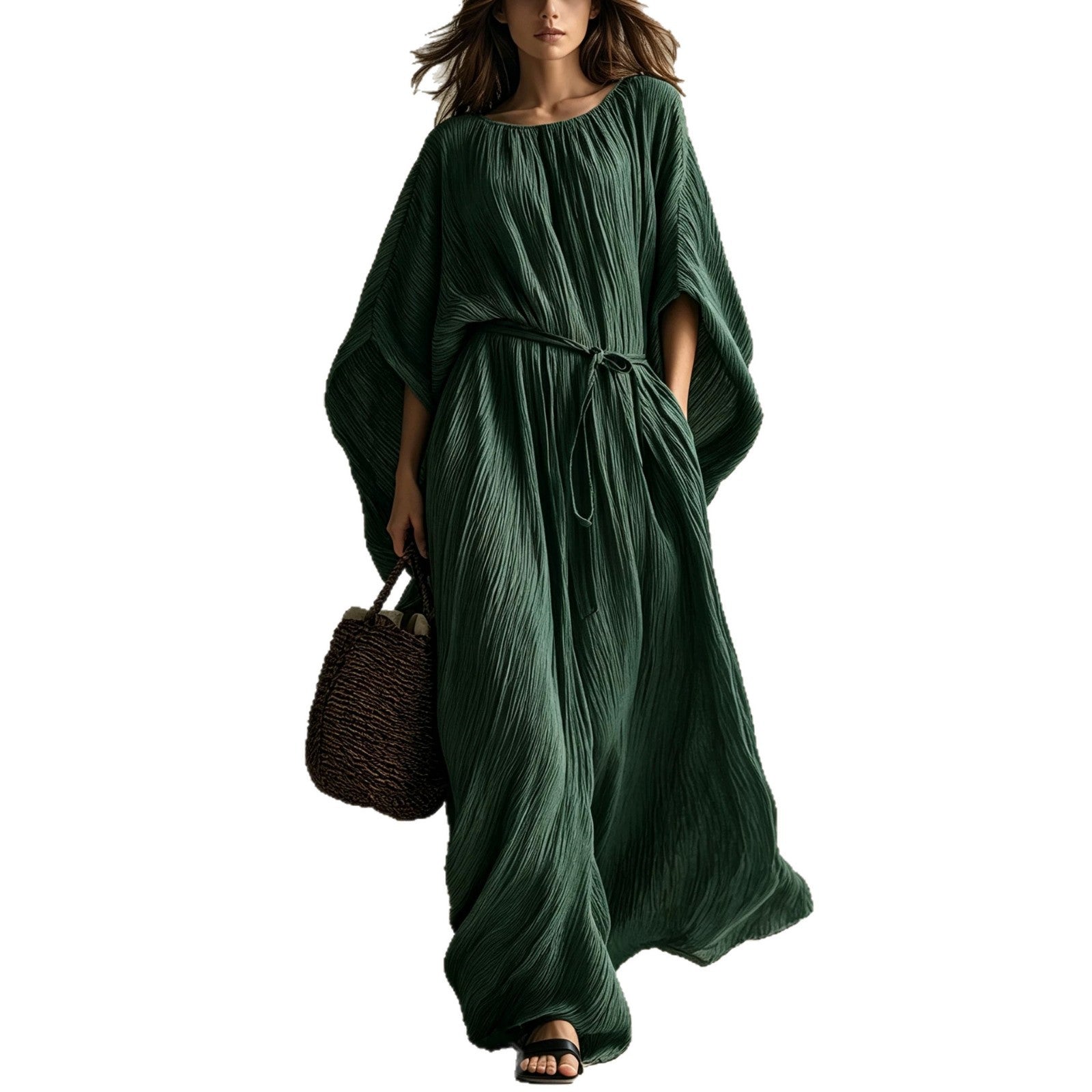 Robe à cintrer texturé en plis à manches de chauve-souris
