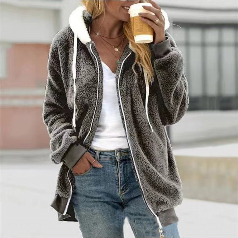 Amazon Vente Automne et Hiver Étui en peluche Zipper Veste à capuche pour femmes