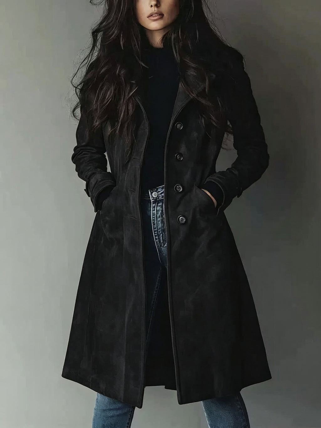 European American Style Women's Fall Winter Lapel Suede Mid-Length Trench Coat