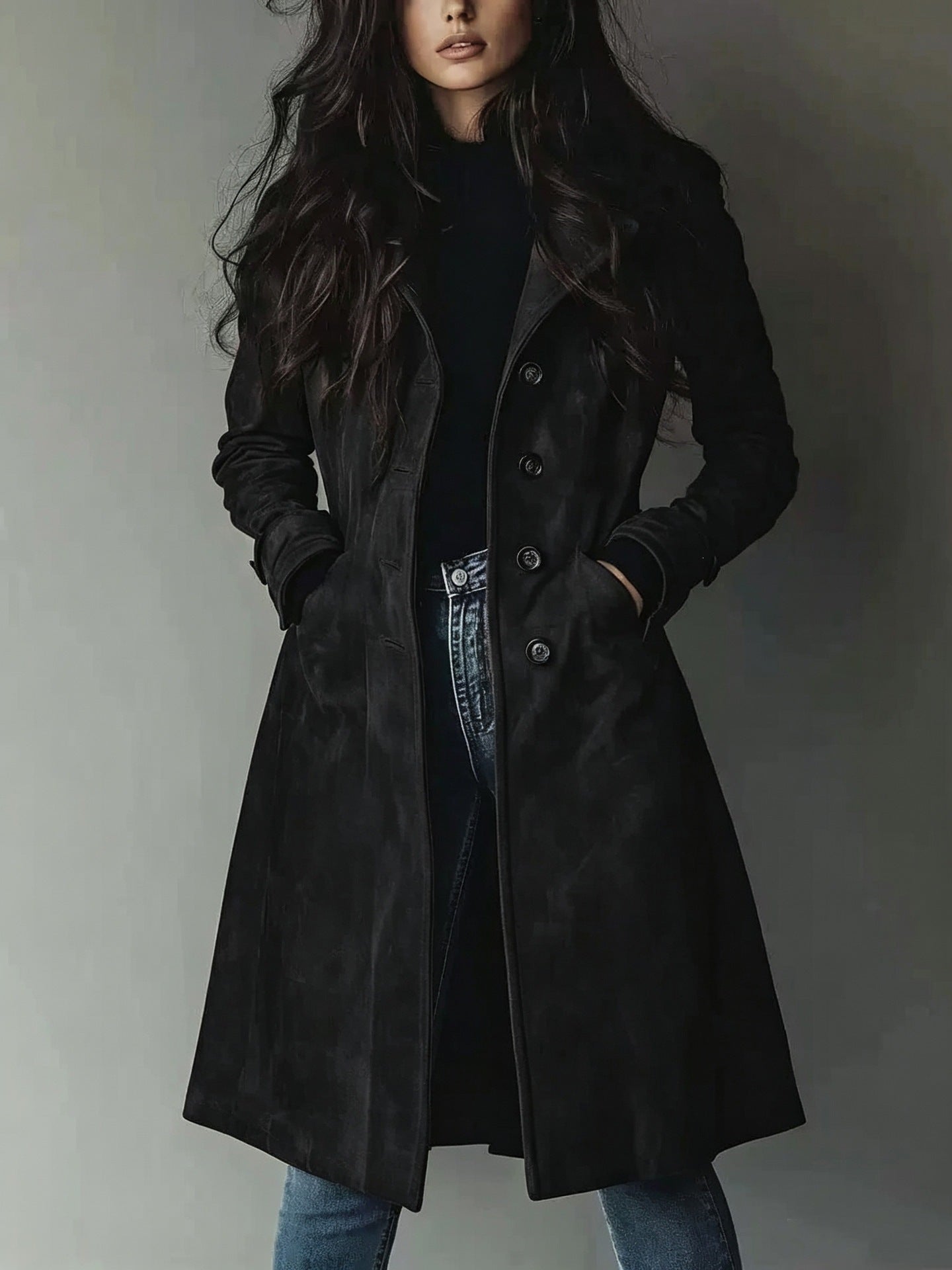 European American Style Women's Fall Winter Lapel Suede Mid-Length Trench Coat