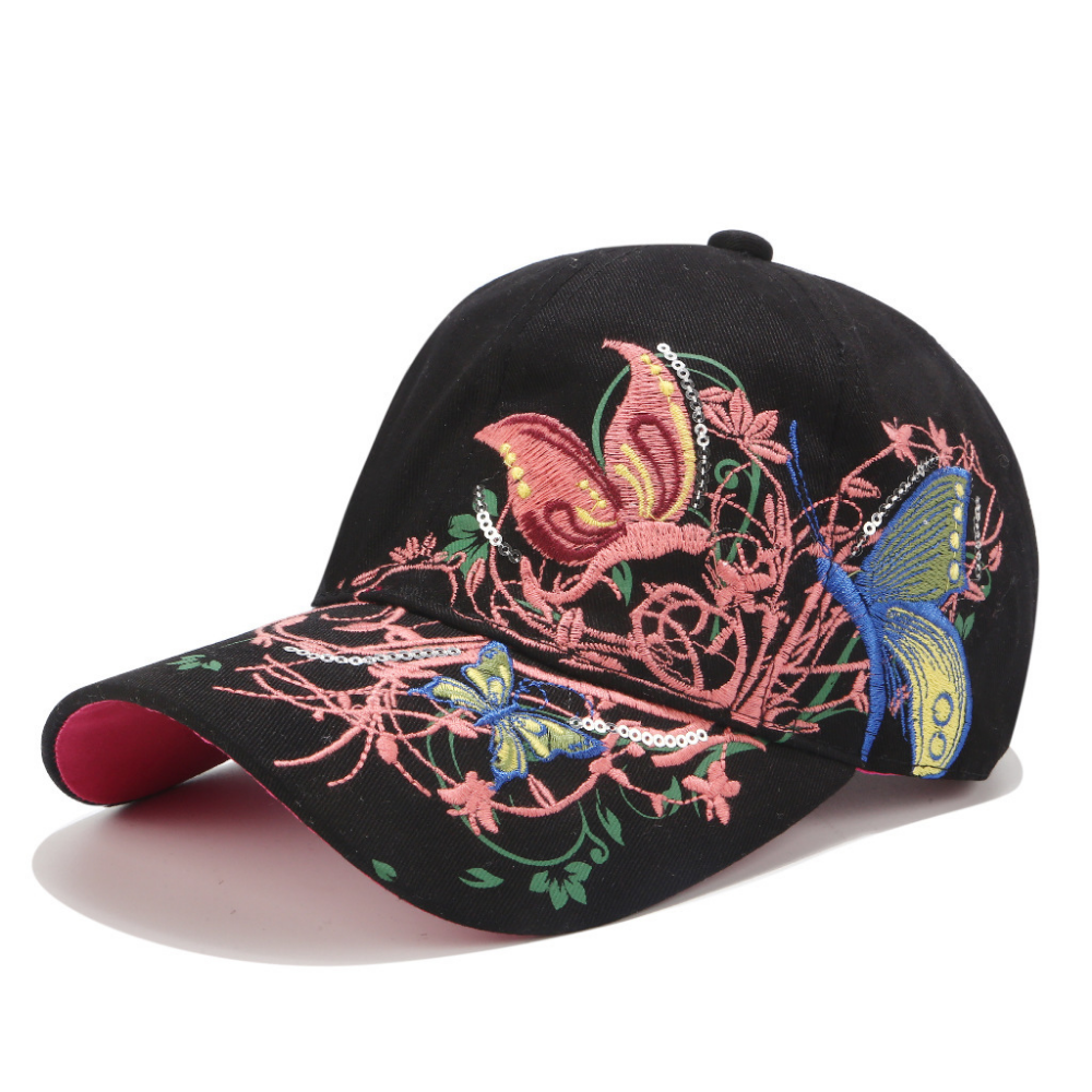 Été femmes broderie fleur et papillon sequin mode tendance chapeau de soleil pour plein air O