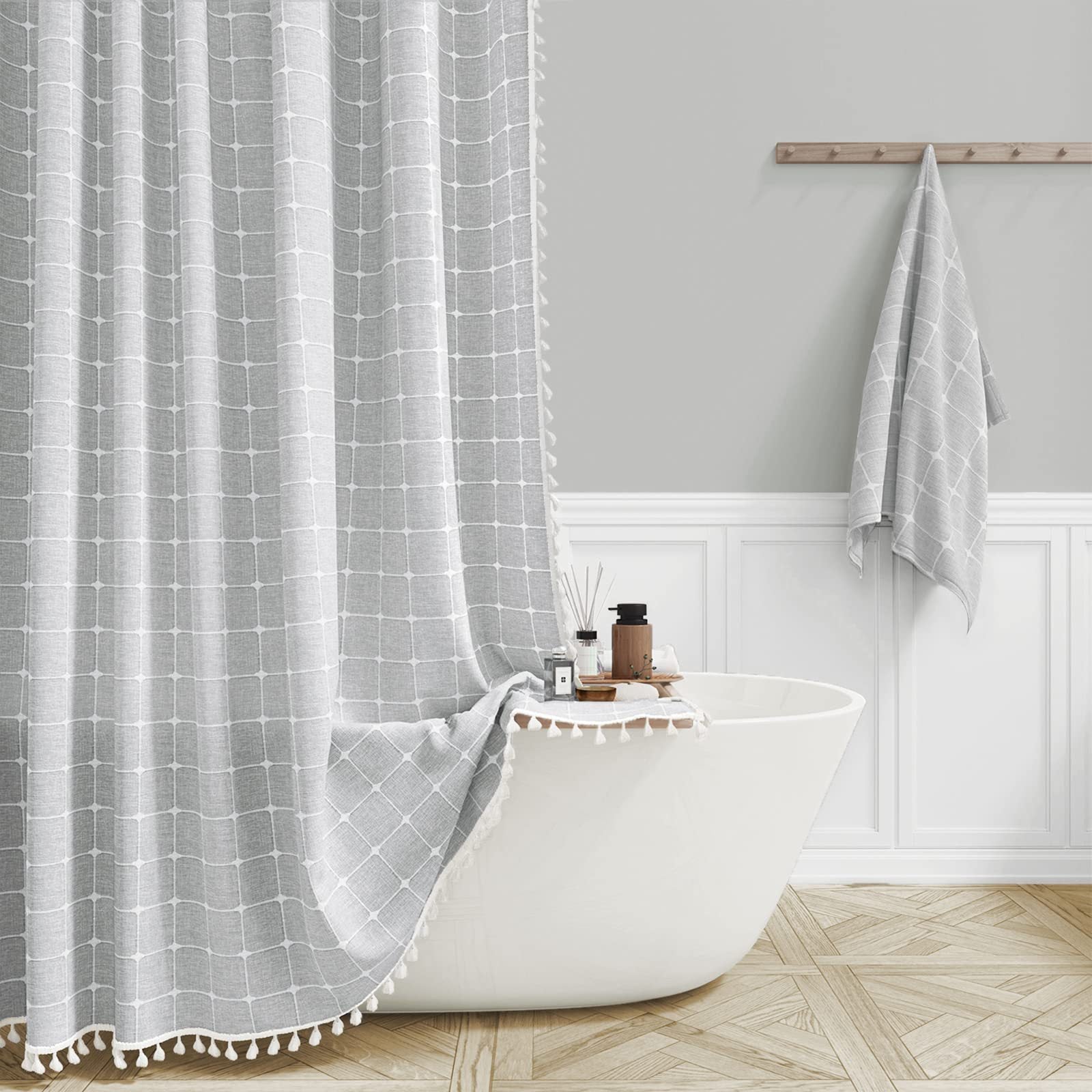 Tencel-linen Checkered Tassel Salle de bain Checkered Partition Rideau de douche imperméable Curta