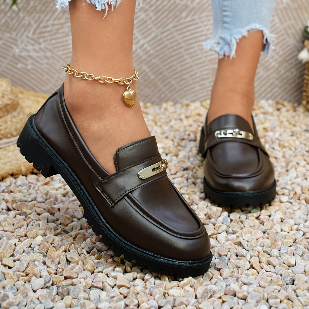 Femmes Classique Élégante Mode ronde orteil bloc bas talon Loafer en cuir Chaussures Élégante Versat