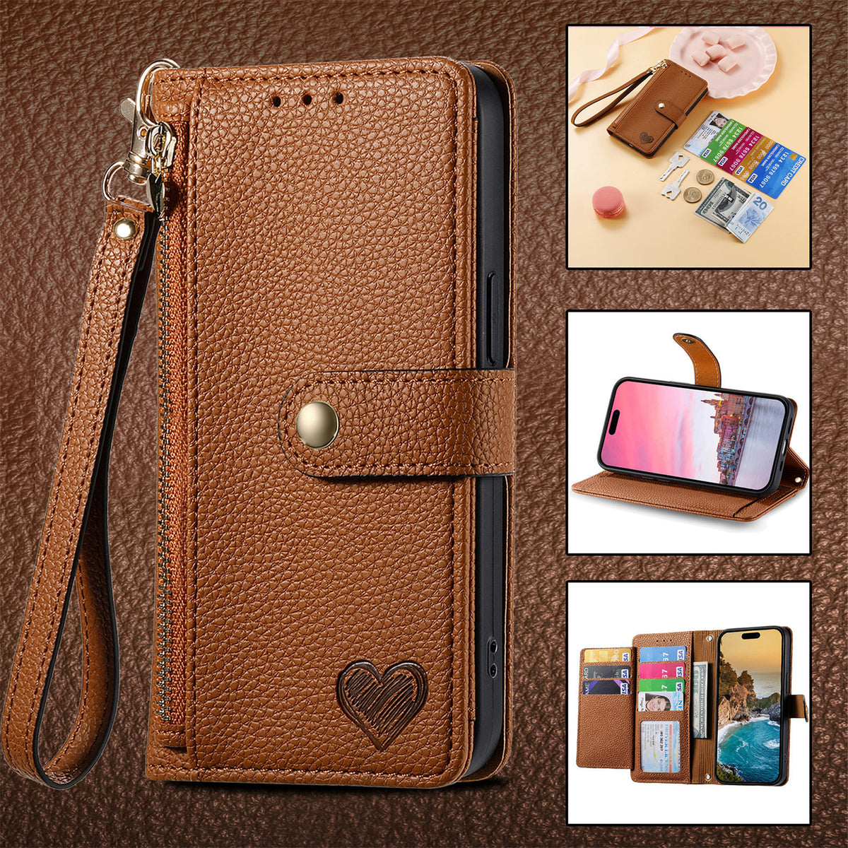 Love Sleeve PU Litchi Motif RFID antivol Lanyard Coque téléphonique