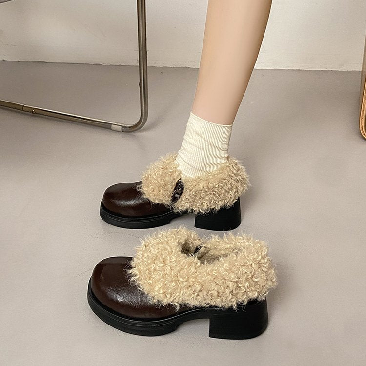 AW Femmes Chunky Heel Mary Jane Flats Warm Plush Lining