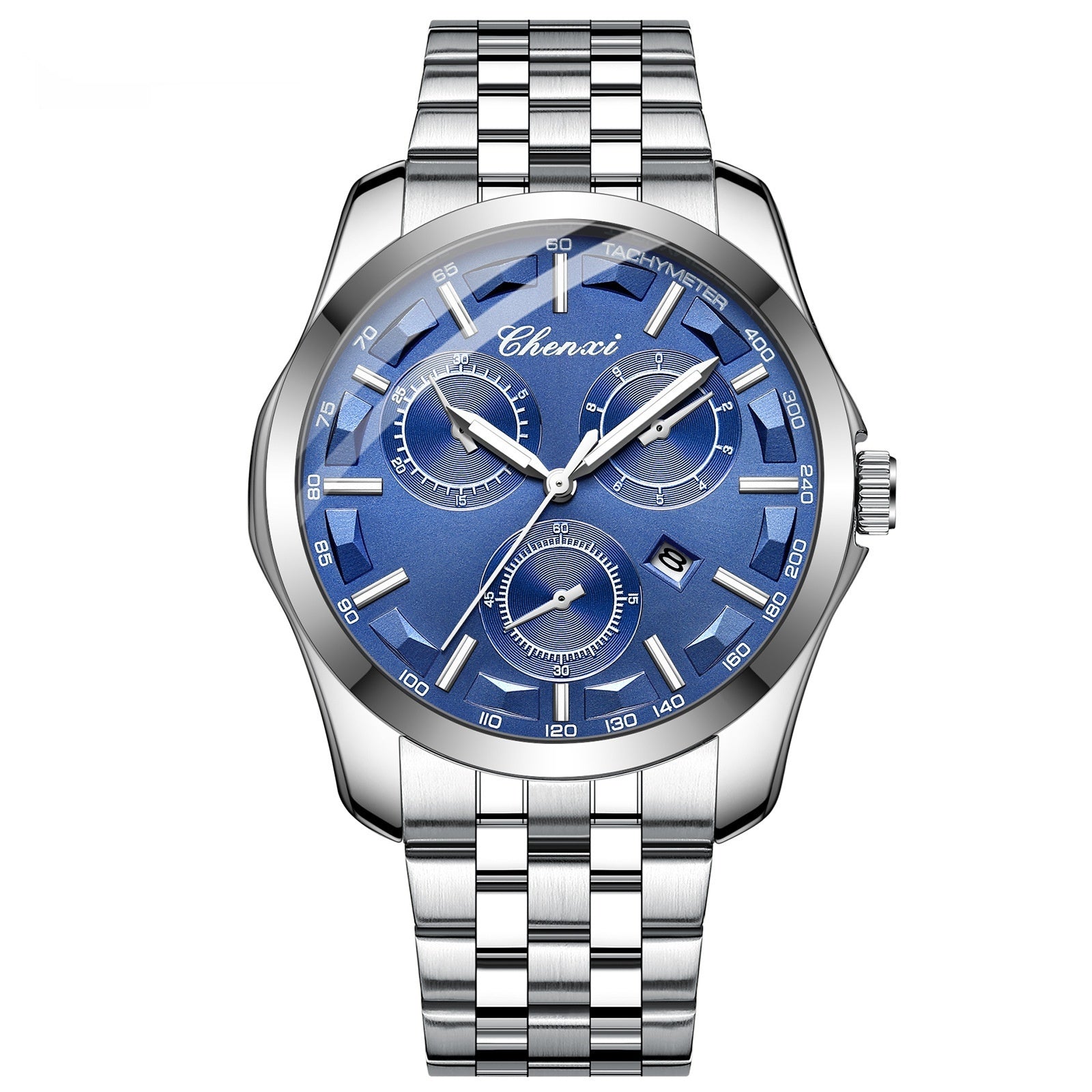 Homme d'affaires élégant montre avec les mains lumineuses