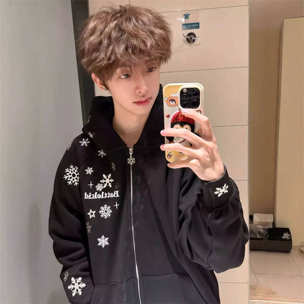 Broderie de flocons de neige rétro Cardigan Hoodie