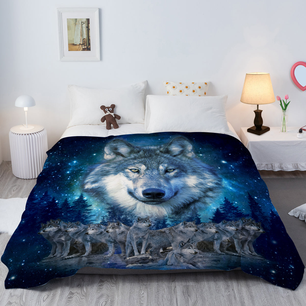 Bleu Loup Flèche Flanneau Couverture Nature Faune Couverture Flèche Cozy Loups d'hiver Animaux