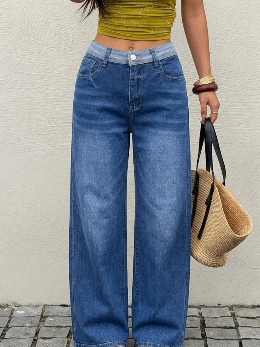 Femmes Contraste Waistband Haute Denim Jeans Denim Moyen Bleu Loose Large Leg Soft Laved Cas
